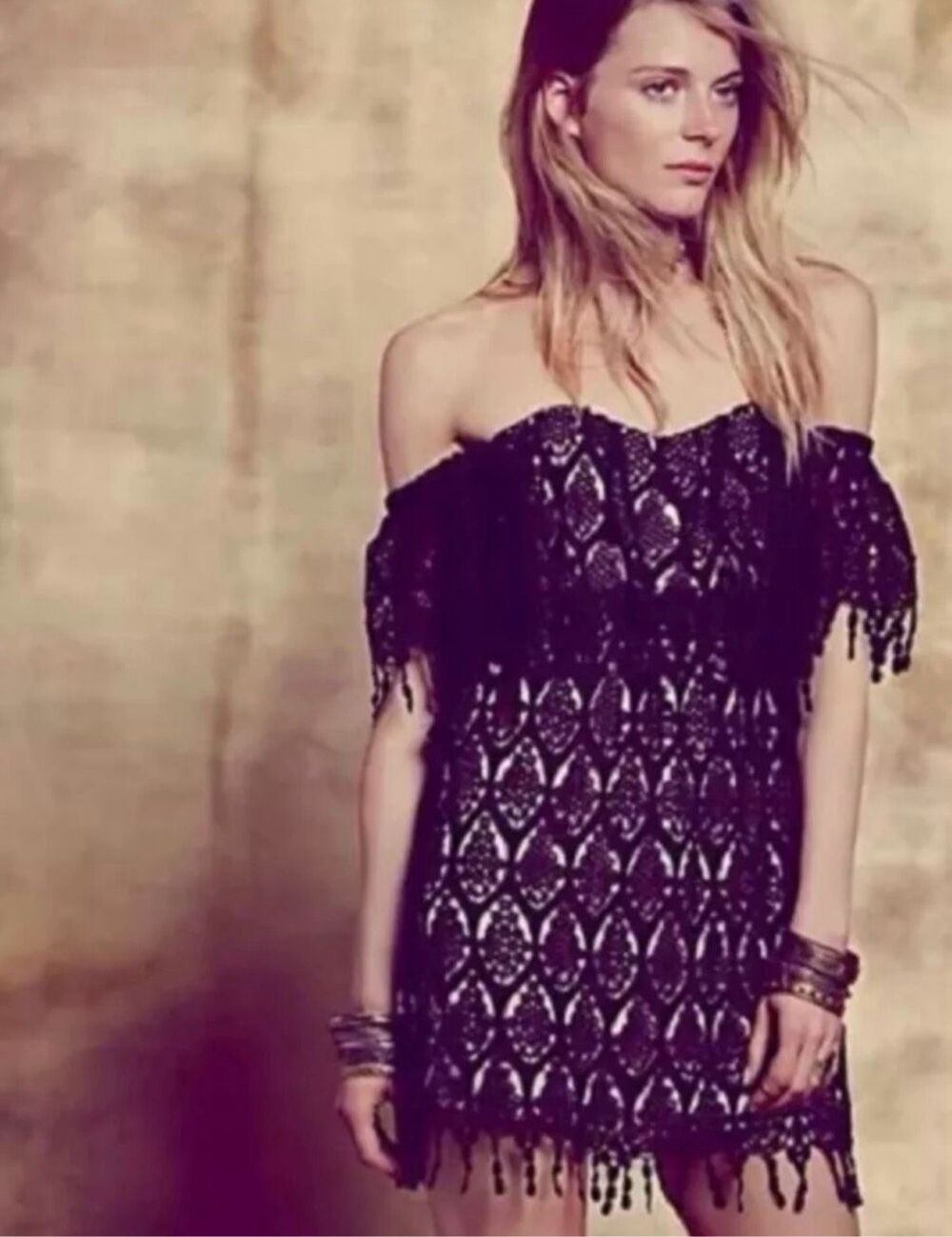 STONE COLD FOX Iowa Dress Black Lace Off Shoulder Size XS - Size S